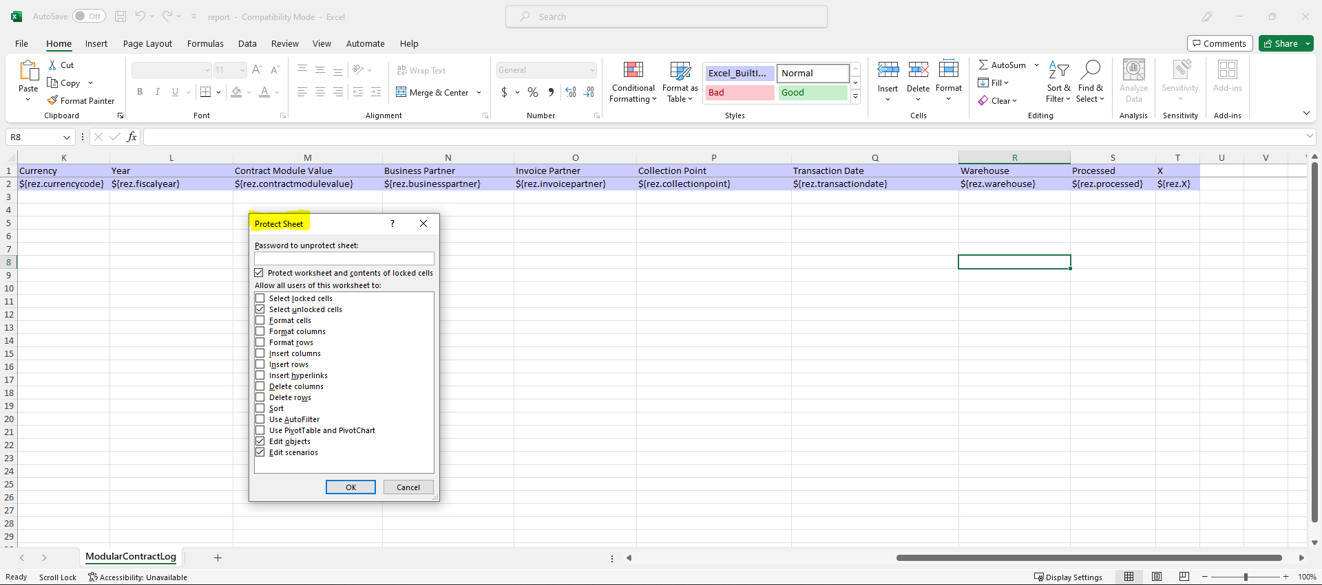 Fig.: Screenshot of the 'Protect Sheet' dialog box in Excel sheet